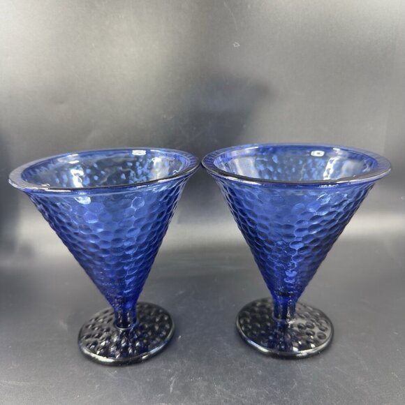 Vidrios De Levante Blown Cobalt Blue Parfait Glass Cups Goblets Set 2 Pebbled - Picture 11 of 13